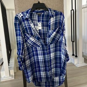Express boyfriend blue flannel XS NWT
